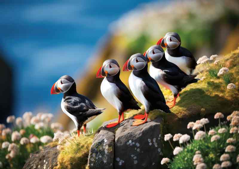 A group of puffins on the cliffs