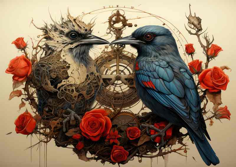 A nice pair of Birds on a perch with red roses