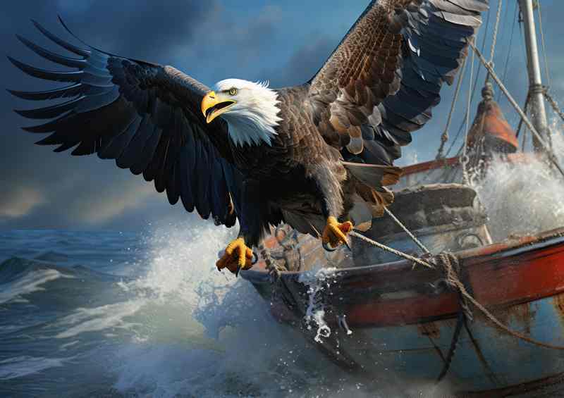 Bald Eagle at sea next to boat