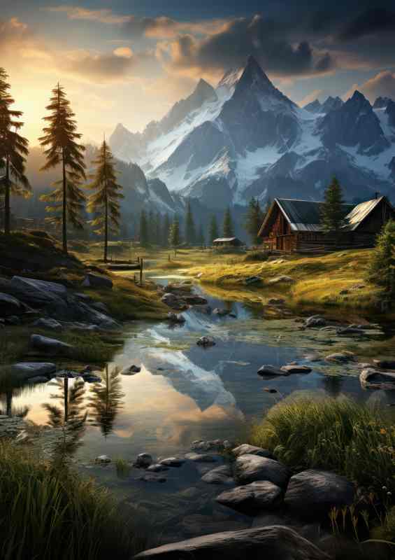 Log Cabin by the snowy mountains with morning mist