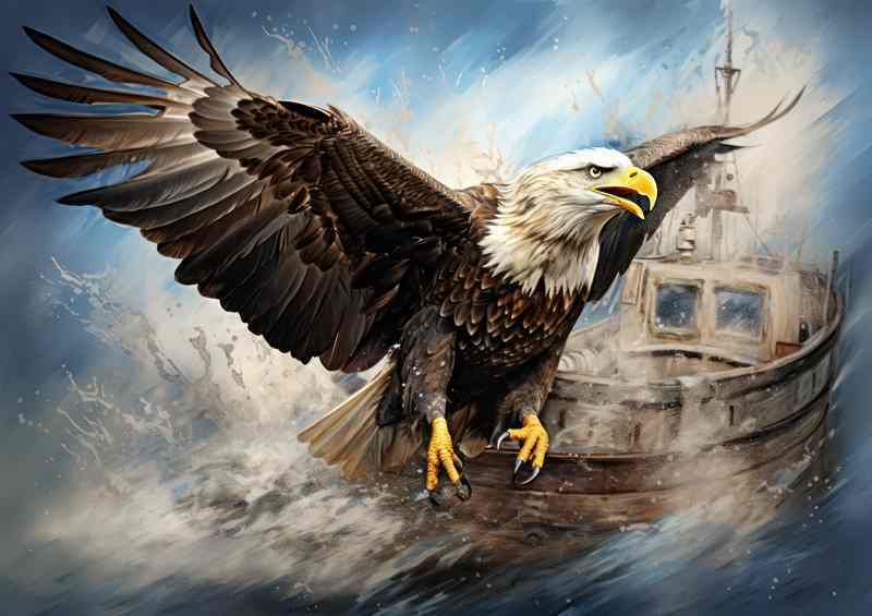 Bald Eagle soaring on a fishing boat