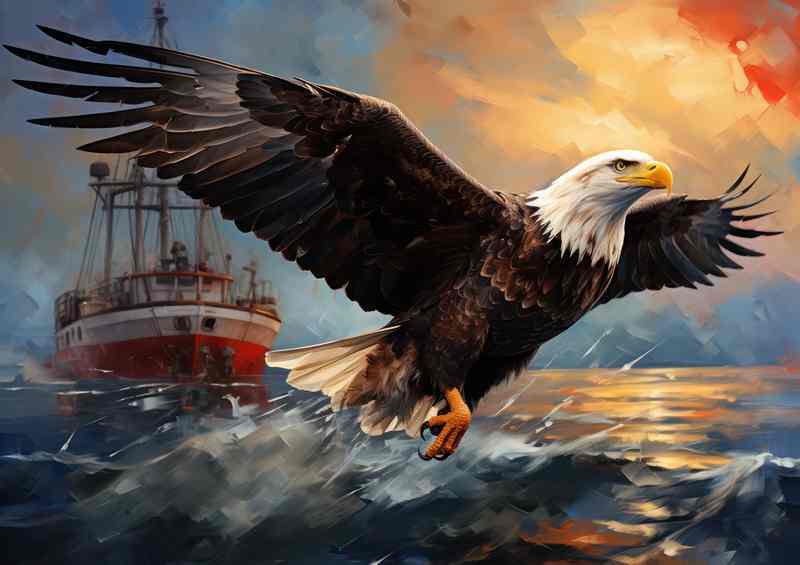Bald Eaglel Looking for food next to the fishing boat