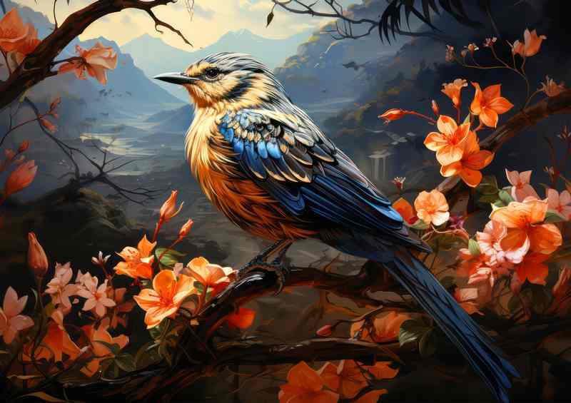 Bird overlooking the vally surrounded by flowers