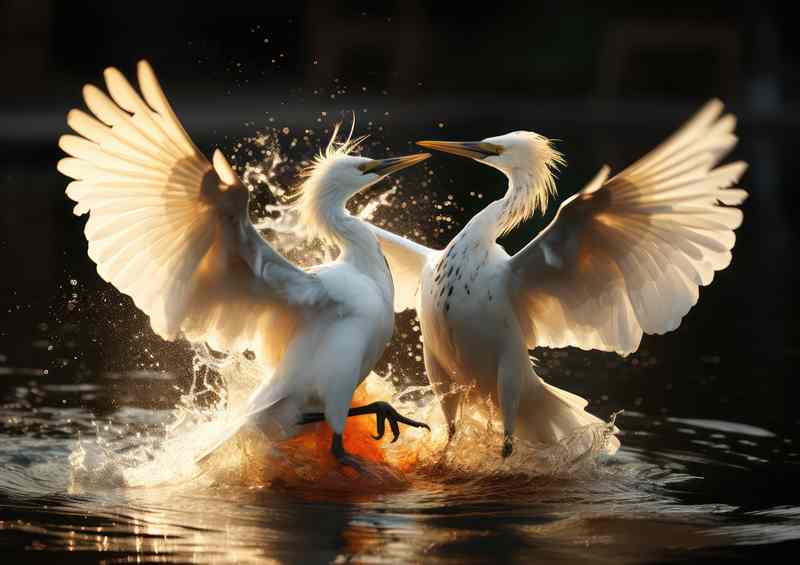 Birds Egrets fighting in the water full display