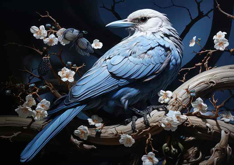 Blue and white bird on a perch with flowers