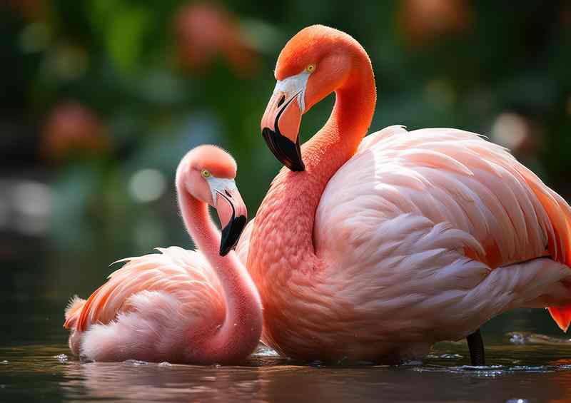 Flamingos taken to water with her mom