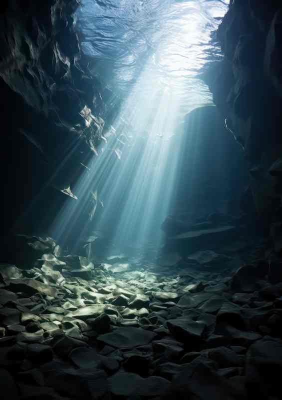 The ocean floor in a cavern is illuminated by light