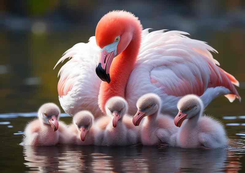 Mum Flamingo teaching her babies to swim on the water