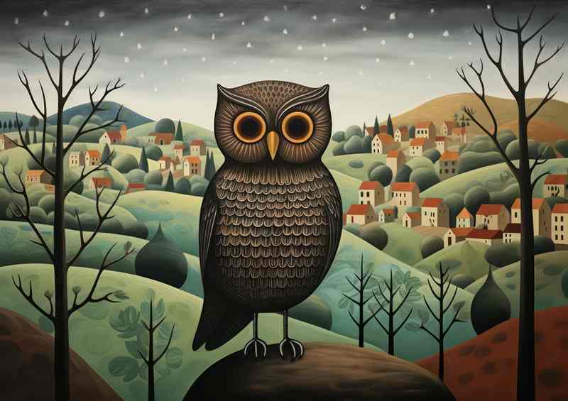 Owl on a rock waiting for prey in the countryside