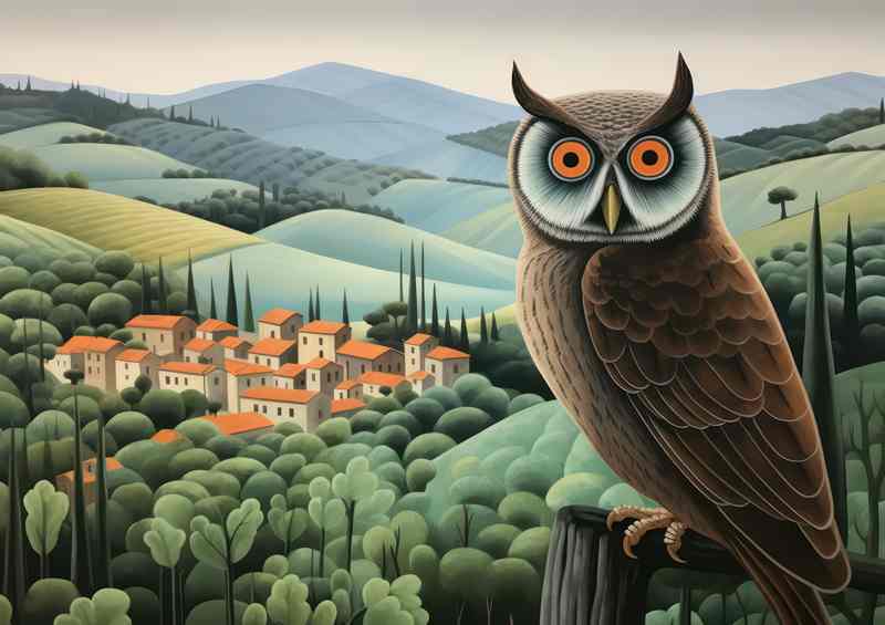 Owl overlooking the houses in the background