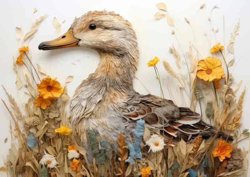 Painted style duck hiding the the reeds by the water