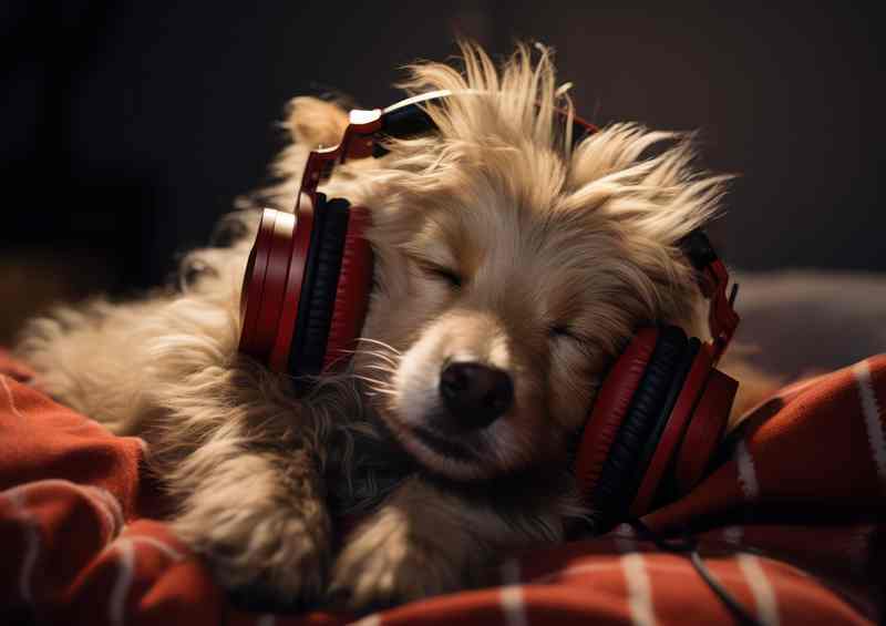A dog is wearing headphones and sleeping