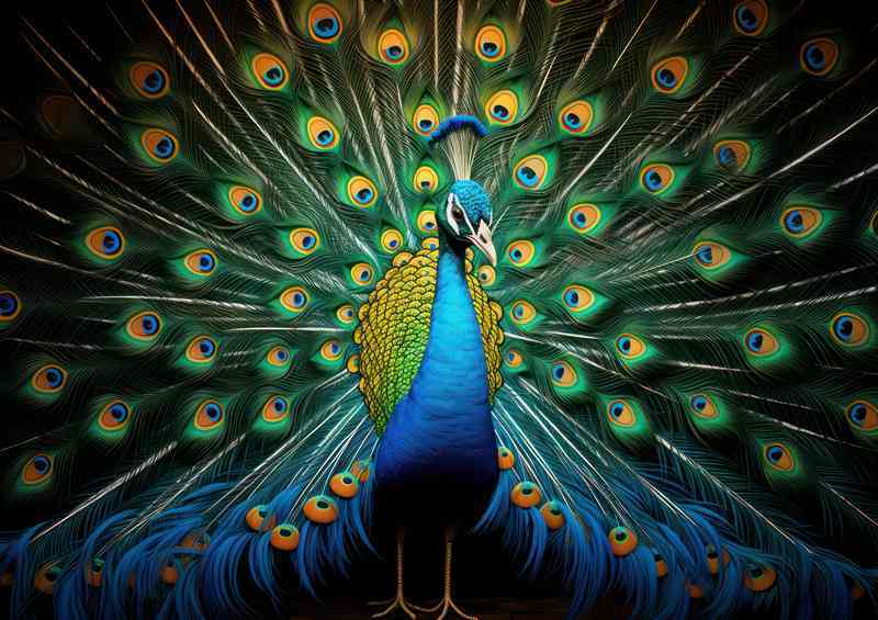 Peacock in full bloom showing all its feathers