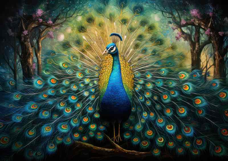 Peacock in the woods showing all its bloomage