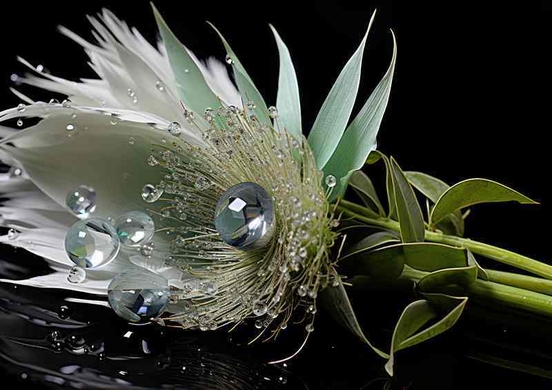 A Photograph of a waterdroplet on a fearther