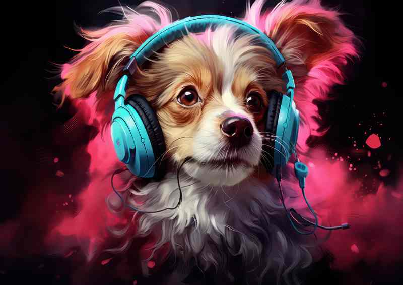 A small dog listening to music and headphones