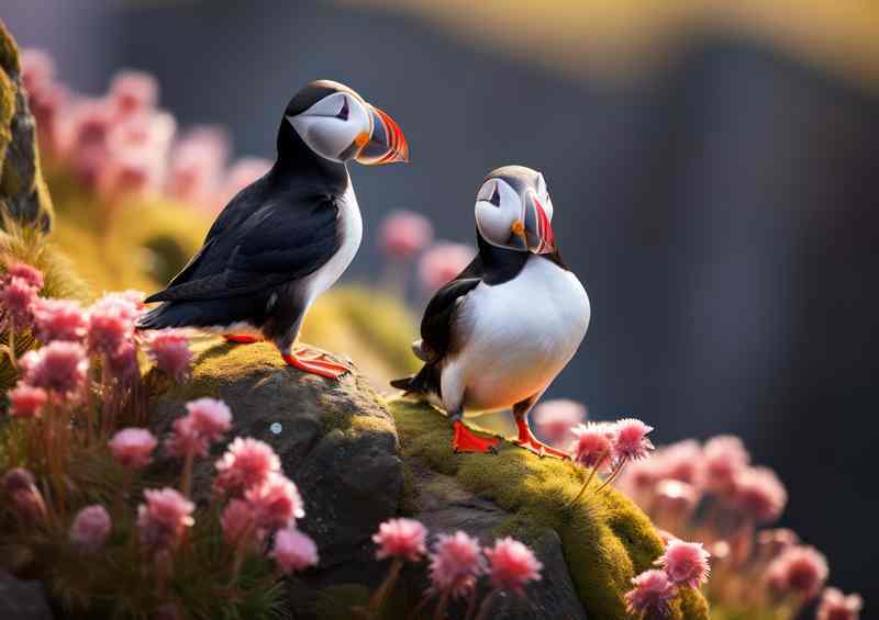 Puffins in Iceland on the cliff top