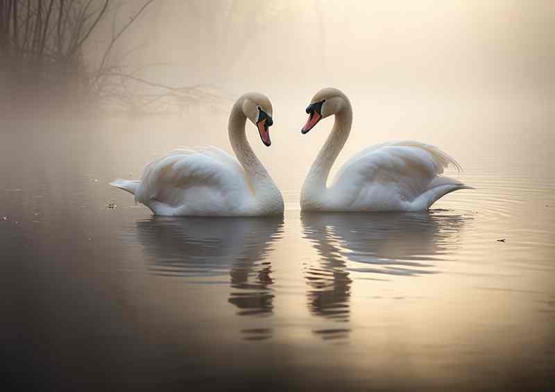 Sawns on the lake in love surrounded by mist