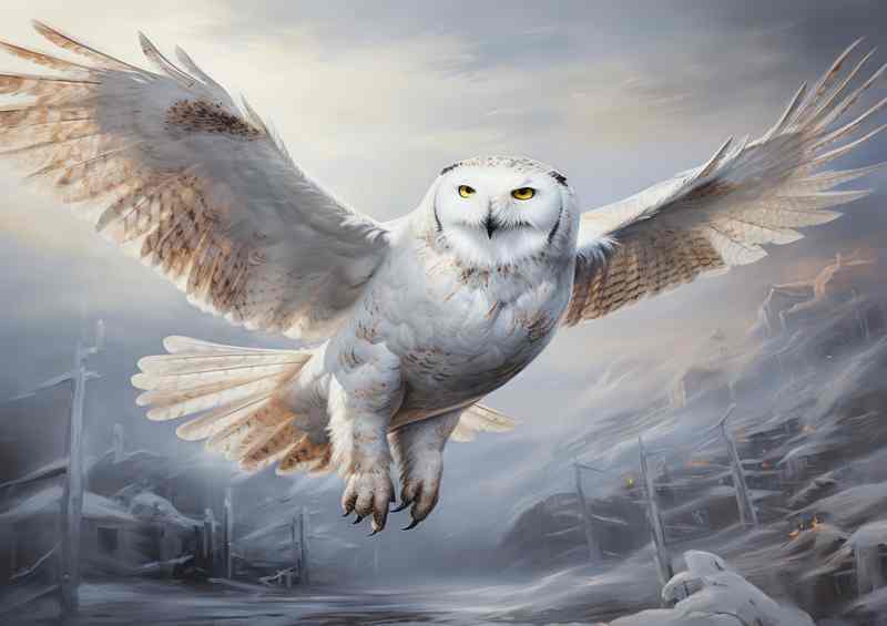 Snowy Owl In Flight across the snow