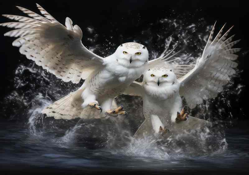 Snowy owls in mid flight over water