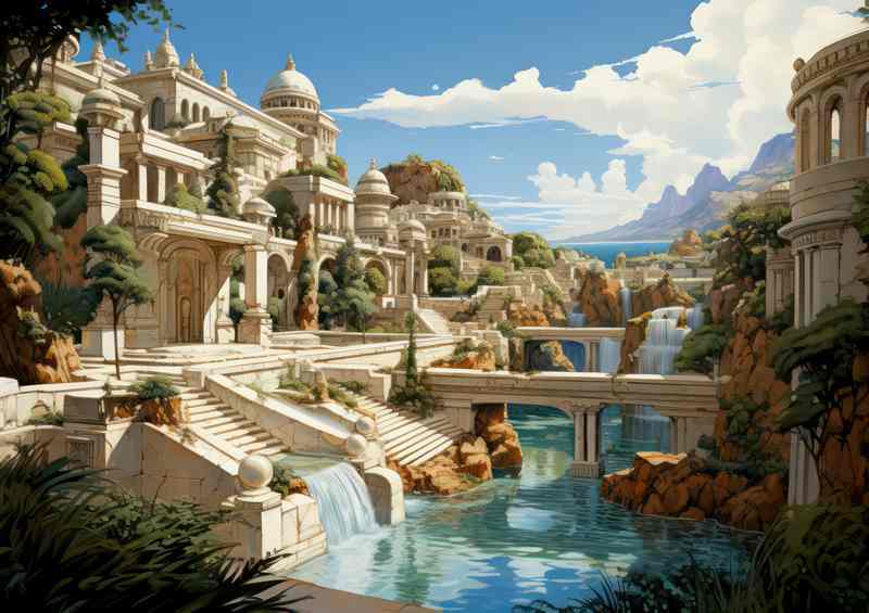 An Old Temple Garden With A Waterfall In The Lake