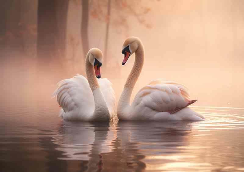 Swans swimming in the morning mist