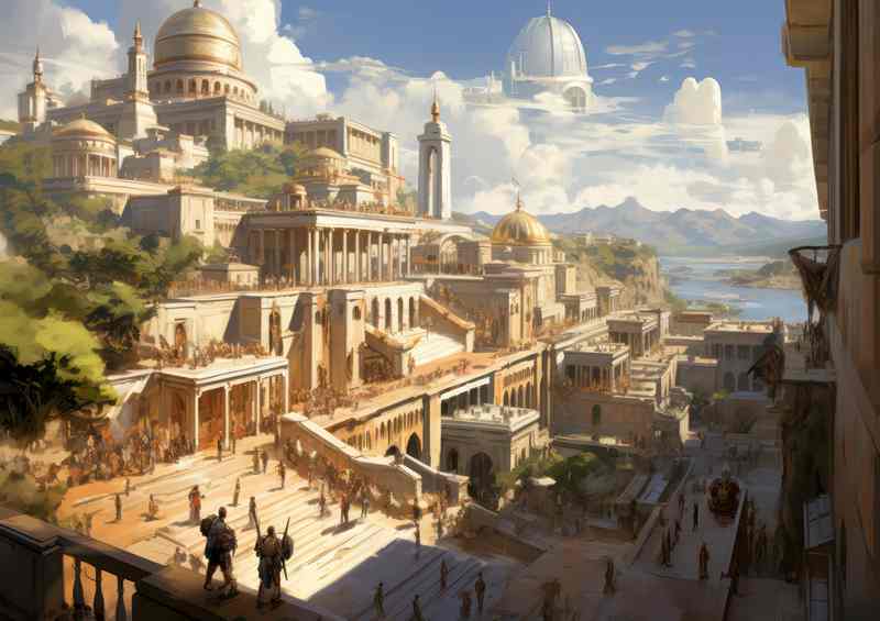 An illustration of an ancient city with people