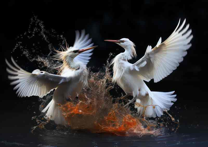 Two egrets birds fighting in the water