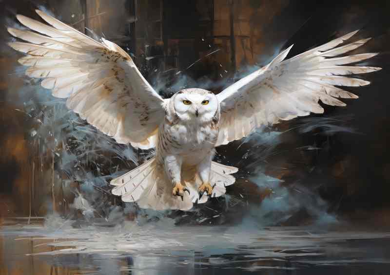 White yound snowy Owl in take off mode