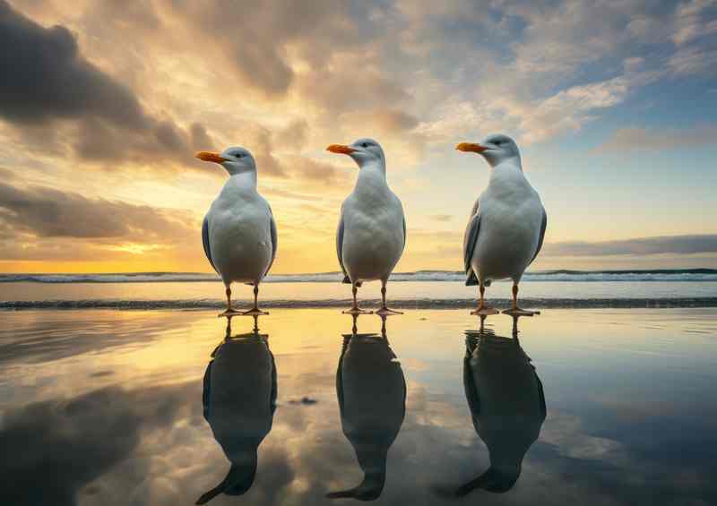 three seaguls standing on a beach with reflection