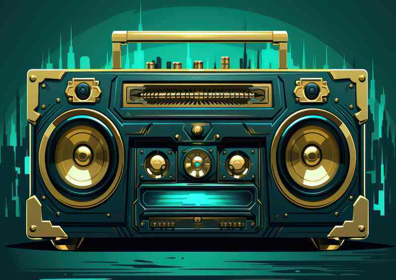 Cartoon illustration of a boombox blue and green