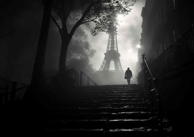 Black And White Image Of Paris On The Stairrway