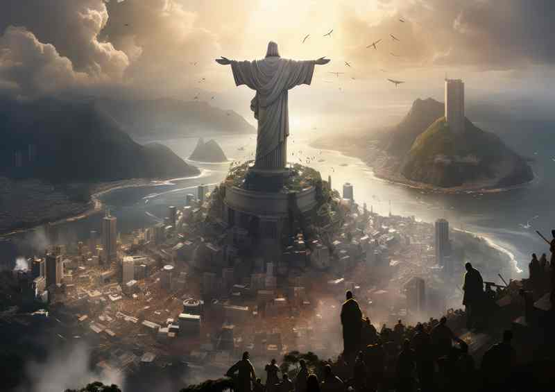 Christ the redeemer statue with the sun abour to rise