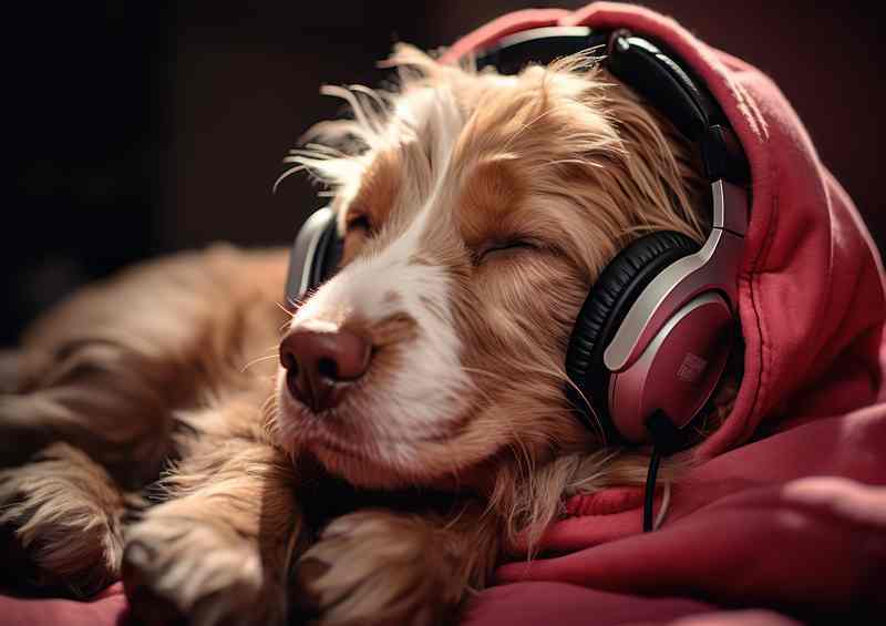 Dog is wearing headphones and sleeping in her hoodie