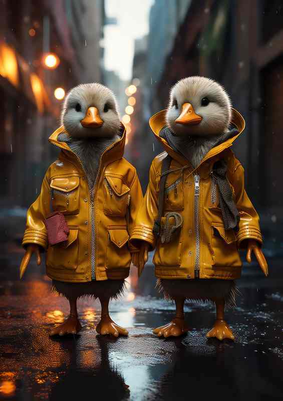 Ducks walking wearing yellow raincoats