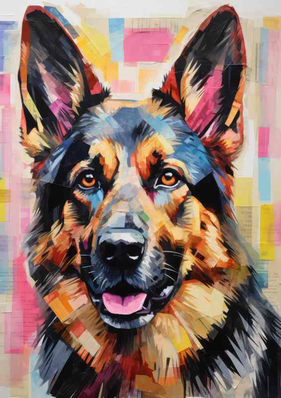 Greman sheperd looking at camera colourful background