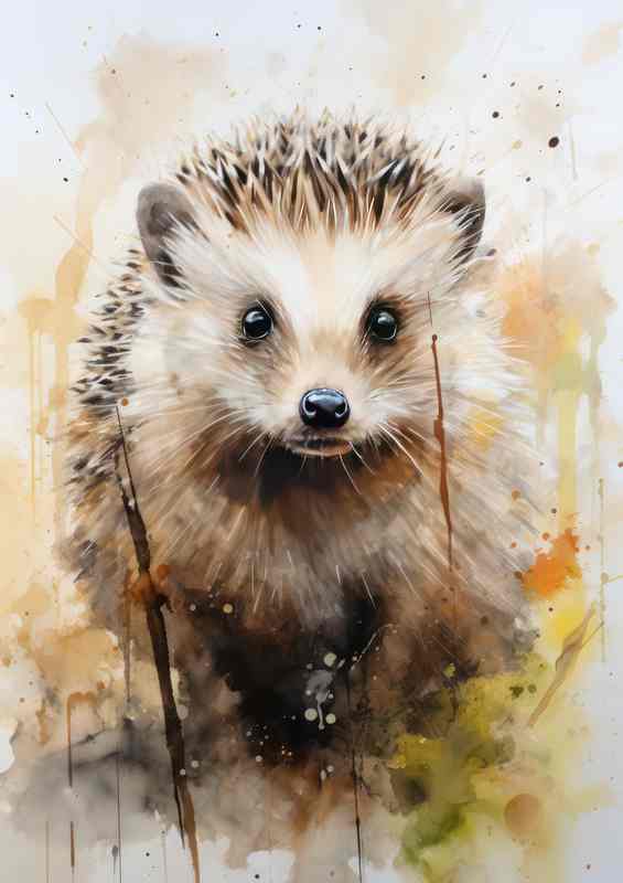 Hedgehog watercolours surrounded by bushes