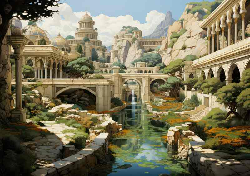 Engraving Of Old Temples Gardens And Water