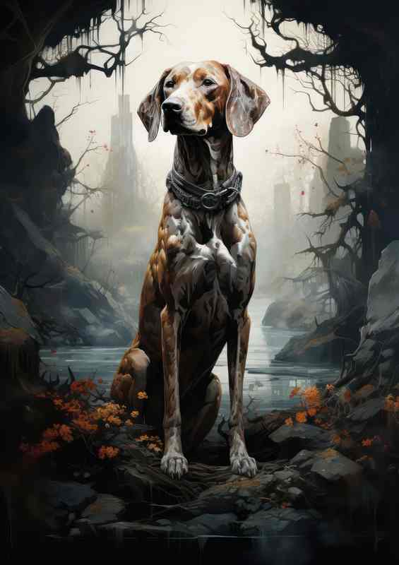 Pointer Dog In the woods sitting