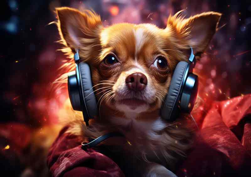 Red chihuahua dog listening to music on headphones