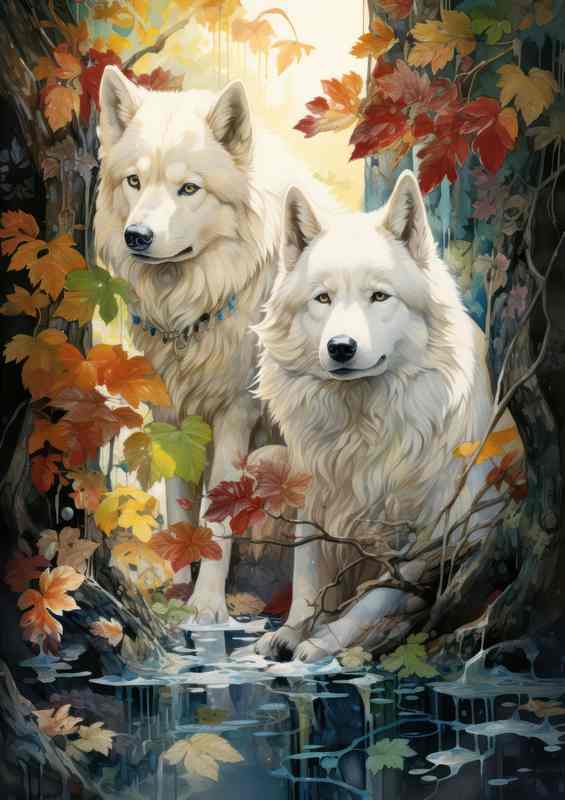 White Dogs by the stream in the woods