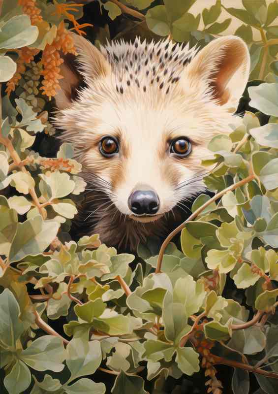 hedgehog nessled in the bushes looking out