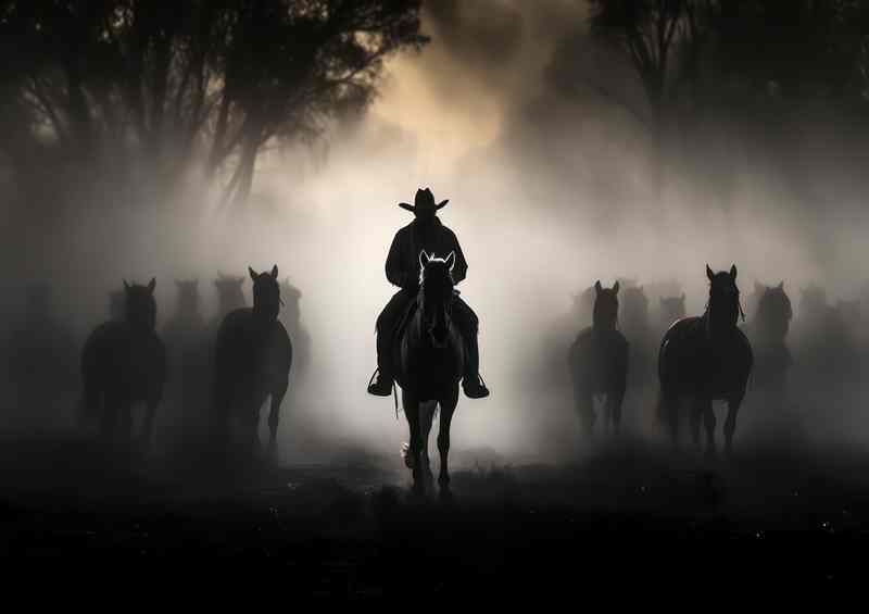 Cowboy leading his horses black and white