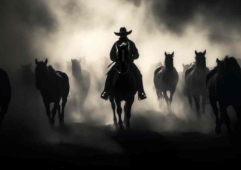 Cowboys hurding horses on the ranch