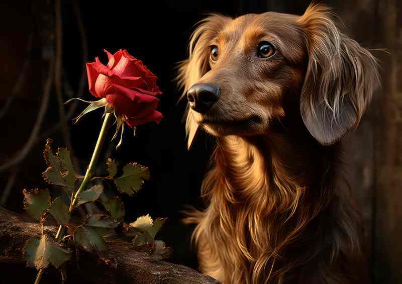 Dachshund At the table with her rose