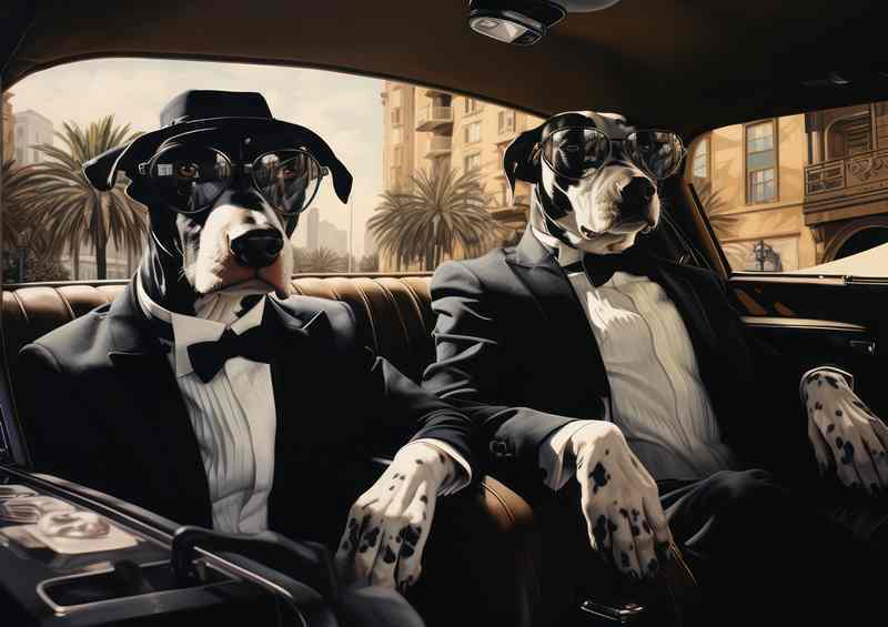 Dogs Sitting in the car all dressed up in suits
