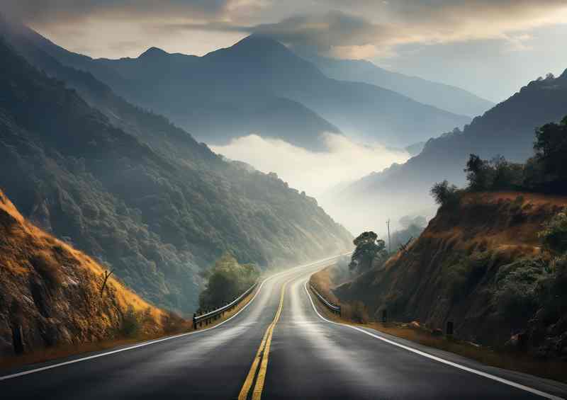 Open Road Driving Into The Misty Mountains