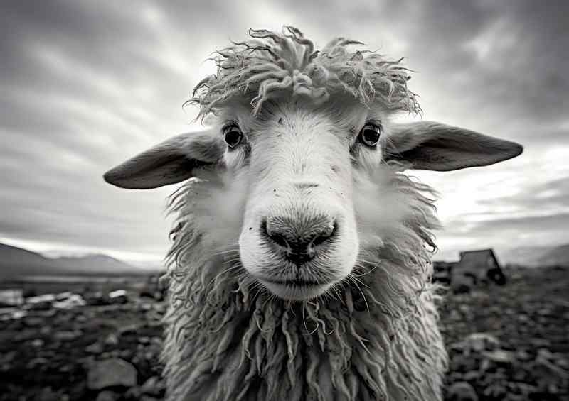Sheep on the farm in black and white
