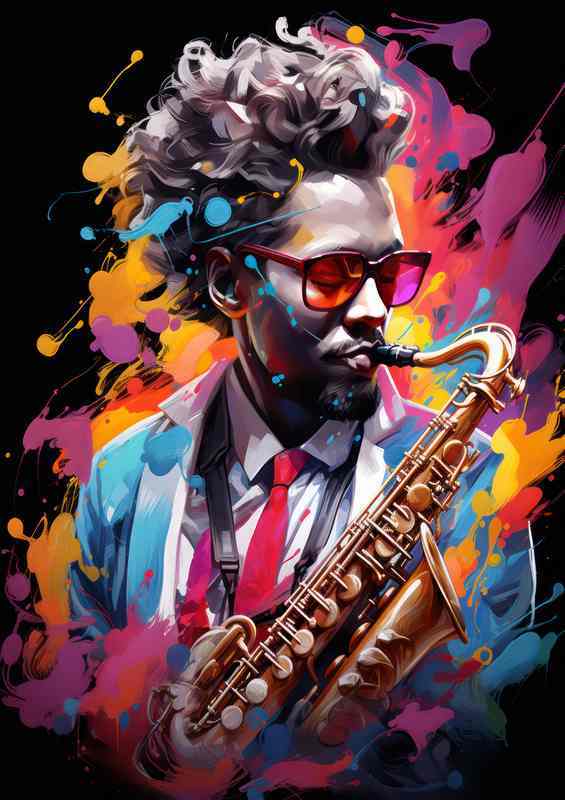 A person playing saxophone along with splash art cool