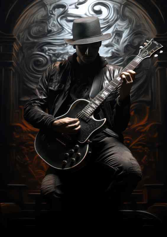 A person standing in front of a guitar